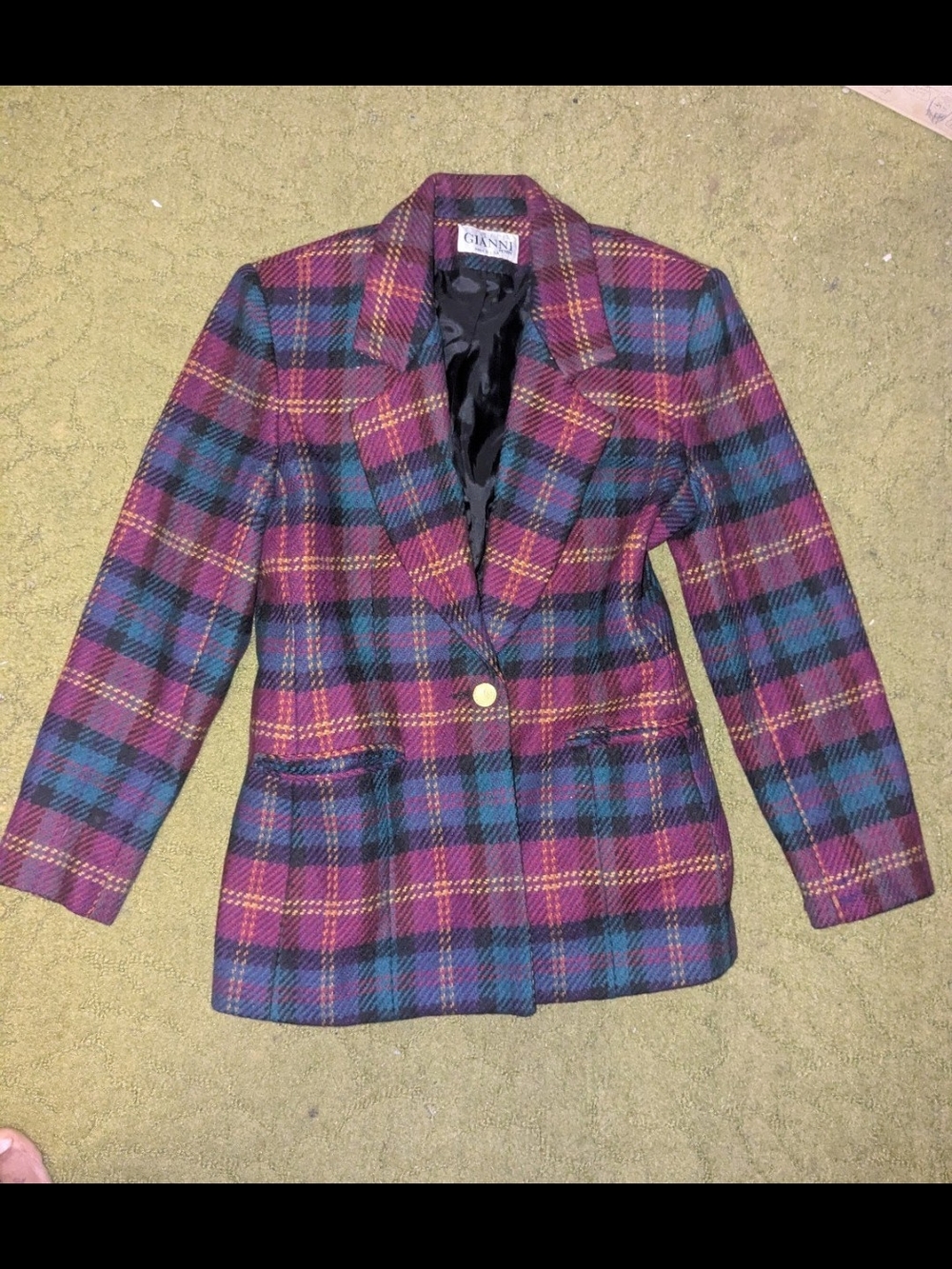 Ganni Multicolor Plaid Wool-Blend Blazer with Gold Button